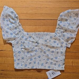 NWT, Cider, Sweetheart Neckline Floral Shirred Crop Short Sleeve Blouse, M